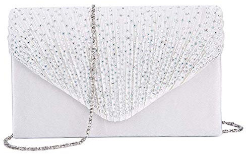 Kaever - Borse da donna in raso per tutte le stagioni, con cristalli e strass, per matrimoni, serate, feste formali, bianco, 21 x 13 x 5 cm, Casuale
