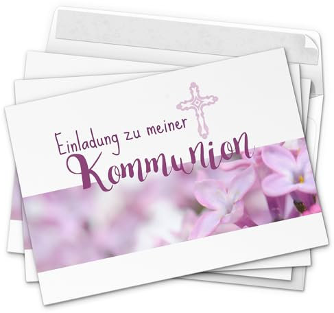 10 x Einladungskarten Kommunion mit Umschlag/Einladung für Mädchen mit rosa Blüten/Kommunionskarten/Einladungen zur Feier