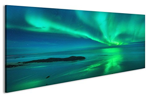 islandburner Bild Bilder auf Leinwand Aurora auf dem Meer. Nordlichter in Lofoten-Inseln, Norwegen. Sternenhimmel mit Polarlichtern. Nacht Wandbild, Poster, Leinwandbild JTW