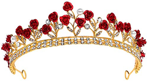 Rote Rose Braut Tiara Braut Kopfschmuck Legierung Strass Hochzeit Krone für Abschlussball, Festzug, Geburtstag, Party und Halloween, 1 Count (Pack of 1), Legierung