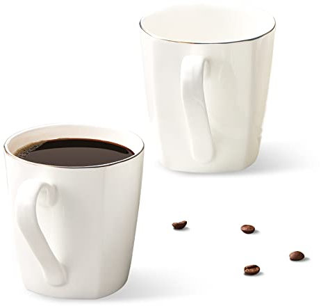 Fine Bone China Coffee Mugs, 10oz White Espresso Cups, Lightweight Tea Cups, Porcelain Coffee Cups Set of 2, Ceramic Mug with Gold Rim for Latte Mocha Cappuccino Women Men, Easy to Hold(Moonlight)
