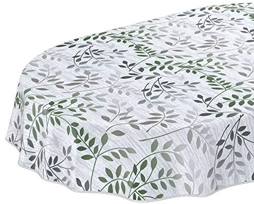 Wachstuchtischdecke abwaschbar Garten Tischdecke Wachstuch Rund Oval Eckig Indoor Outdoor Blätter Silber Grün Oval 160x140cm mit Saum - Eingefasst