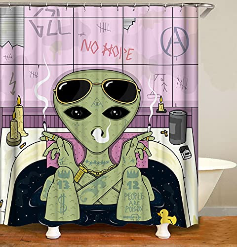 Fullfun Coole Duschvorhänge, Motiv: Trippy Alien Smoking, 180,3 x 180,3 cm, waschbar, Polyester, mit Y2K ästhetischem Stil, inklusive 12 verschleißfesten Haken (Alien, 180 x 180 cm)