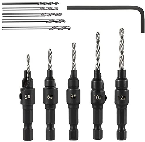 Saipor 5pcs Wood Countersink Drill Bit Set Hex Shank Quick Change Counter Sinker Pre Hole Drill Bit Set Screw Counterbore Bit Pilot Bit Set #5, #6, #8, #10, #12 for Woodworking and Carpentry