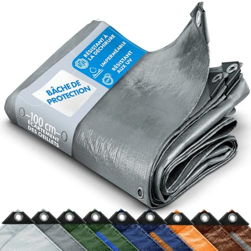 KARAT - Bâche de Protection - Tarpaulin étanche, résistant à la déchirure - Bâche avec Oeillets Inoxydable - Couverture extérieure pour travaux - Epaisse densité 240 g/m², Argent 1,5x6 m