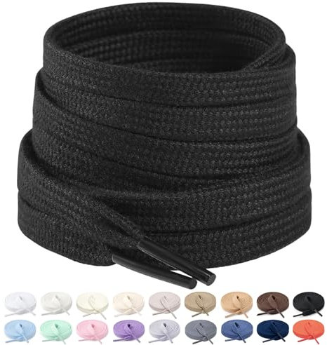 Stepace 2 Paar Flache Schnürsenkel aus 100% Baumwolle, 8 mm breite Reißfeste Schuhbänder für Sneakers, Sportschuhe, Turnschuhe Schwarz 140
