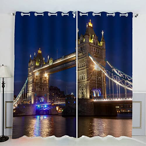 MOUPL 3D Moderne Urbane Landschaft London Bridge Vorhänge mit ösen B 234 X H 137 cm Mikrofaser Gardinen Blickdicht Verdunkelungs Scheibengardinen 2 Stücke für Schlafzimmer Kinderzimmer Küche