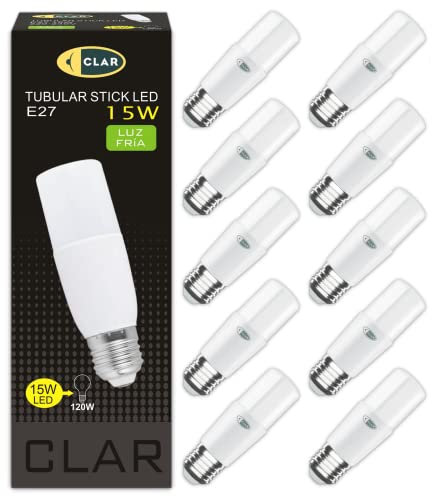 CLAR- Ampoule LED Tube E27 15W. Ampoule LED Gros Culot à Vis E27 LED 15W Équivalent à Ampoule Fluocompacte, Ampoules LEDS Diall E27 Blanc Froid 6000ºK (Pack 10)