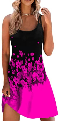 Minetom Robe De Plage D'Été Femme Robe Été Florale Robe De Plage sans Manches Tunique T Shirt Mini Robe Trapèze D Rose Rouge S