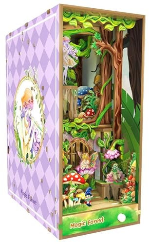 Habarri Book Nook, DIY Miniaturhaus Bausatz, 3D Holzpuzzles Set, Bücherecke für Erwachsene, Häuser Modellbausätze mit LED Leuchten, Miniatur Puppenhäuser Haus - Waldelfen
