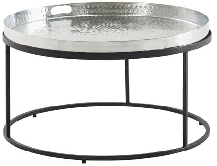FineBuy Couchtisch Hammerschlag Metall 62x62x36 cm Sofatisch Aluminium, Design Wohnzimmertisch abnehmbares Tablett Rund, Tabletttisch Wohnzimmer, Beistelltisch Modern