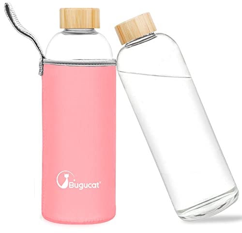 Bugucat Borosilicate Glass Water Bottle 1000ML, Reusable Water Bottle Glass with Protective Sleeves and Leak-Proof Lid, Glass Water Bottle 1 Litre Glass Drinking Bottle Ideal for Hot Cold Drinks,Pink