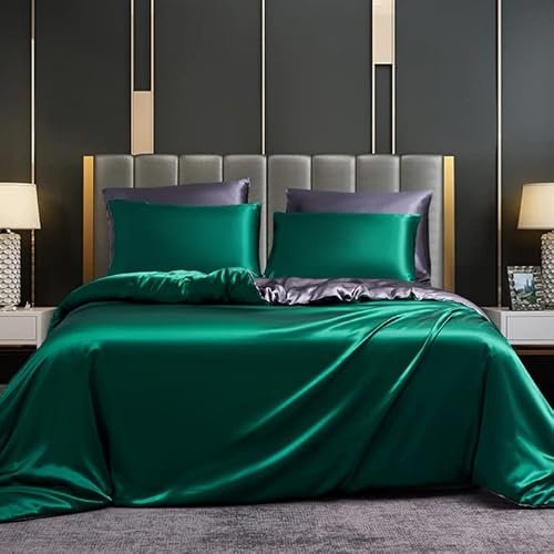 DXHOME Seiden Bettwäsche Set 155 x 220 cm Glatt Glänzend Satin Bettwäsche Angenehme Kühlende Dunkelgrün Graue Uni Wendebettwäsche Sommer Bettwäsche mit Reißverschluss und 2 Kissenbezügen 80×80 cm