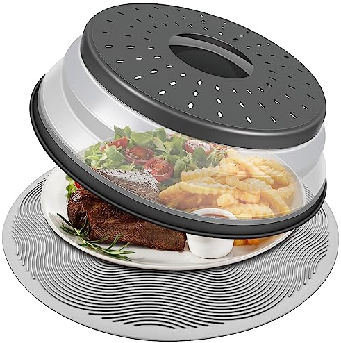 LekDrok Microwave Food Cover with Mat 12 Inch, Mat as Bowl Holder, Cover for Splatter Guard, Collapsible Lid for Plate Dish, Multi-Purpose Silicone Mat & Kitchen Colander Gadget for Meal Prep,Charcoal