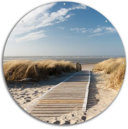 Wallario rundes Outdoor-Poster für Garten oder Balkon Auf dem Holzweg zum Strand, Motivbanner 60 cm Durchmesser
