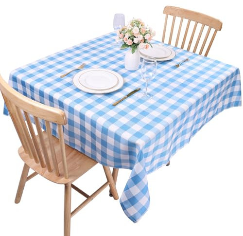 Kesfey Gingham Tablecloths Polyester 140x140cm Wipe Clean, Checkered Fabric Stain and Wrinkle Resistant Table Cloth for Dining Room and Outdoor Use,Square Plaid Tablecloth(Sky Blue)