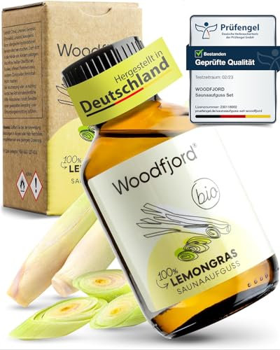 WOODFJORD Saunaaufguss Lemongras BIO 100 ml I Premium Sauna Aufgussmittel für authentische und nachhaltige Saunaerlebnisse I Saunaöl und Saunaduft I Stimulierend und erfrischend