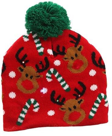 Baoblaze Weihnachtsmütze LED Lichten Erwachsene Kinder, Weihnachtsmütze Leuchtende Bommel, Winter Strickmütze mit Led Leuchten, Unisex Nikolaus Mütze mit Bommel für Weihnachtsfeier, Roter Elch