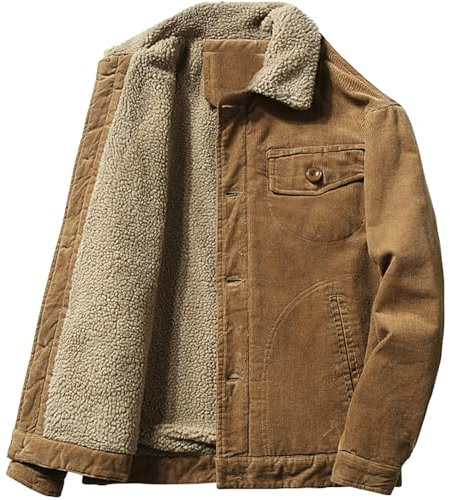 Juneyou Herren Cordjacke mit Stehkragen, verdicktes Sherpa-Futter, warmer Mantel mit Taschen, coffee, S