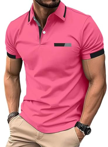 seiveini Polo Manches Courtes pour Homme Coupe Ajustée Polos été Couleur de Contraste Golf Tennis Tee Shirt B Rose L