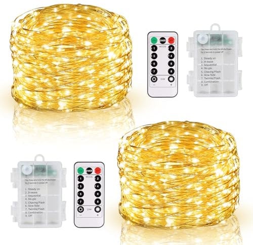 DBFAIRY 2 Pack Fairy Lights Battery Operated with Remote Control, 10M 100 LED Twinkle Lights Waterproof Silver Wire String Lights 8 Modes Dimmable for Bedroom Party Decoration (Warm White)
