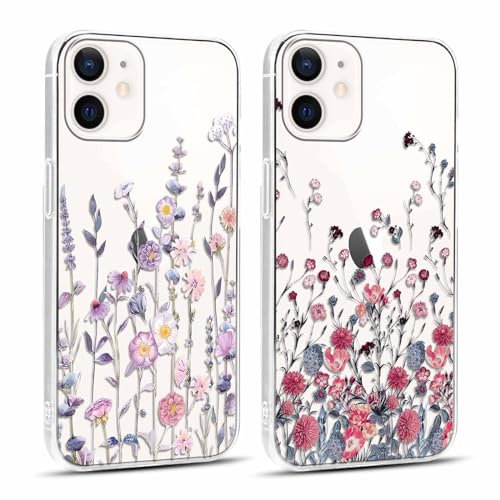 Xylota 2 Stück Handyhülle für iPhone 12 Mini 5,4 Hülle, Transparent Case mit Aesthetic Muster Blumen, Durchsichtig Weich Silikon Ultra Dünn TPU Stoßfeste Kratzfest Schutzhülle Frauen Mädchen Cover