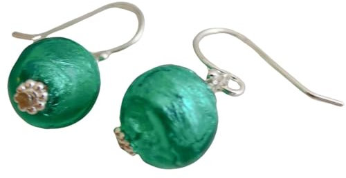 Pendientes redondos de plata de ley de cristal de Murano verde azul