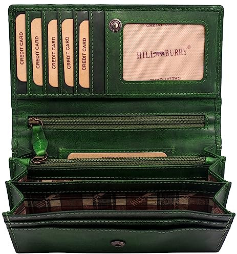 Hill Burry Geldbörse Damen | Echt Leder Portemonnaie Mit RFID Schutz - Hochwertiges Portmonee | Weiche Vintage Damenbörse Mit Kartenfächer (Grün)