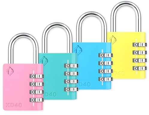 Zarker Candado de combinación, candado de 4 dígitos para la escuela, gimnasio, deportes, valla, caja de herramientas, estuche, almacenamiento de cerrojo (paquete de 4, rosa, esmeralda, azul, amarillo)