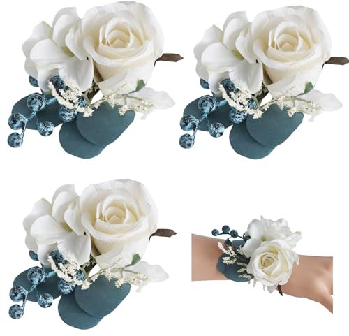 Huilimei 4 x Rosen-Handgelenk-Ansteckblumen, künstliche Blumen für Braut und Bräutigam, Brautjungfer, Handgelenk, Blumen, Hochzeitszeremonie, Jahrestag, Abendessen, Tanzblumen-Dekoration