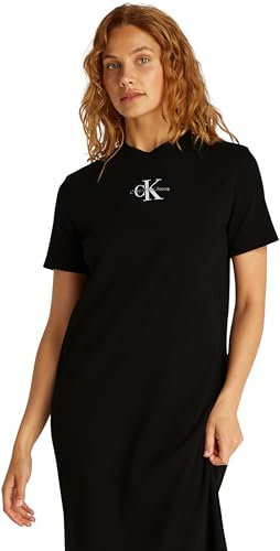 Calvin Klein Women’s Round Neck Monologo Long Rib T-Shirt Dress, Black (Ck Black), XL