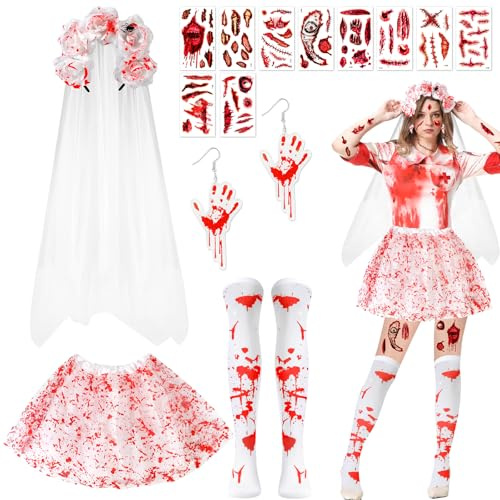 Beipegin Corpse Bride Kostüm,Tutu-Rock Brautschleier Haarreif Ohrringe Socken mit Tattoo-Aufkleber Zombie Brautkleid Halloween Horror Kostüm Damen