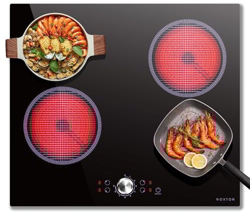Noxton Piano Cottura Elettrico 4 Fuochi, 60cm Piano Cottura Vetroceramica Incasso, 6000W Piastra con Manopole, 9 Funzione Booster Cucina, Tocco Controlli, Timer