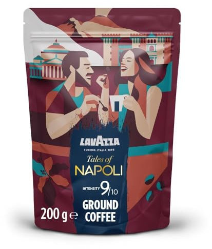 Lavazza, Tales of Napoli, Coffee Ground, Ideal for Moka Pots, with Aromatic Notes of Cocoa and Caramel, Arabica and Robusta, Intensity 9/10, Dark Roasting, 200 g