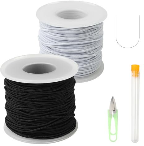 Schwarz-weiße Armbandkordel, 2 Rollen Gummikordel für Armbänder, Gummischnur 1mm x 100M für Halsketten, Elastische Perlenschnur mit Schere Elastische Faden für DIY Schmuckherstellung