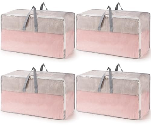 4 Pack Heavy-Duty Extra Large Storage Bag Organizer with Zips and Lids for Moving House, Transparent Clothes Storage Bags Boxes Big Strong, Laundry Bag, Packing, Water-Resistant