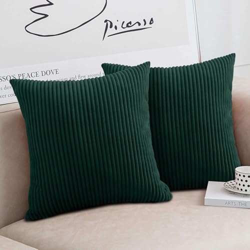 Moonlight Bedding Corduroy Cushions with Covers included Emerald Pack of 2 (2 covers, 2 inserts) 45 x 45 cm Decorative Stripe Throw Pillow Cases with Invisible Zipper for Living Room Bed Sofa