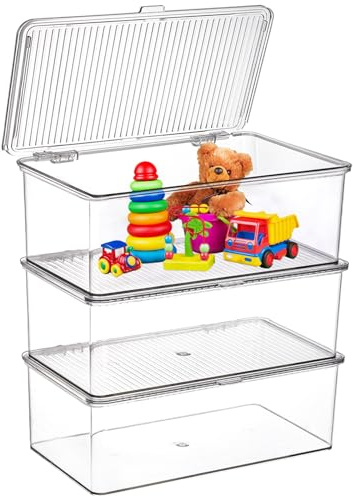ZENFUN Set of 3 Small Stackable Storage Bins with Hinged Lid, Acrylic Organizer Box, Clear Makeup Organizer Box, Cosmetic Case for Home, Office