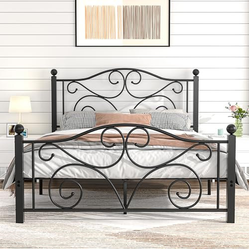 VECELO 4ft6 Double Bed Frame with Headboard and Footboard, 135×190cm Platform Mattress Foundation, Heavy Duty Metal Slat Support, No Box Spring Needed, Easy Assembly