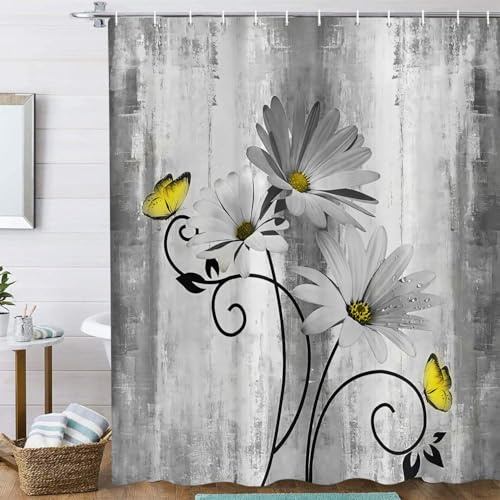 ASDCXZ Rustikal Bauernhaus Duschvorhang 180x200 cm, Vintage Bauernhof Grau Gänseblümchen Blumen Schmetterling Wasserdicht Badvorhang Polyester Textil Waschbar Duschvorhänge für Badewanne mit 12 Haken