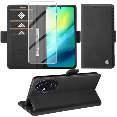 Giyer Cover per Honor 200 Custodia con Vetro Temperato, Premium Pelle PU Portafoglio Slot per Scheda RFID Antifurto Funzione Supporto Flip Case, Antiurto per Honor 200 5G Cover (Nero)