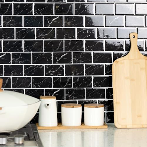 10 Sheets Marble Effect Tile Stickers, Peel and Stick on Tiles for Kitchen Bathroom, Vinyl Wall Self Adhesive Tile Decals Covers Waterproof (Black)