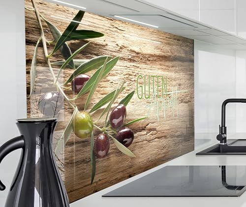 timalo Spritzschutz Wand für Herd, Küche Küchenrückwand Glasoptik | Acryl Glas 2mm | Glasrückwand Acrylglas Wandpaneele Rückwandschutz Platte | 260x58cm Oliven Guten Appetit