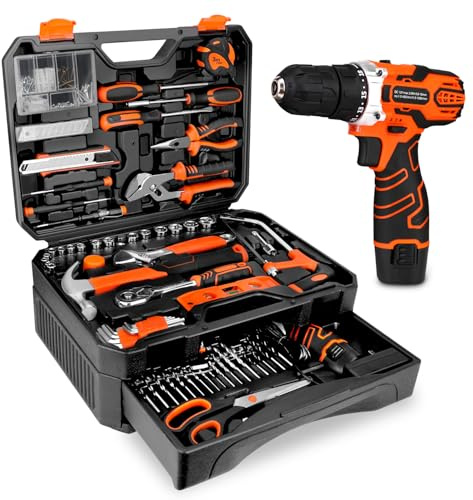 255-Piece Tool Set - Tool Kit with 12V Cordless Drill Driver, Toolbox Storage Case with Drawer, General Household Drill Set for DIY Projects, Home Repairs, Handyman