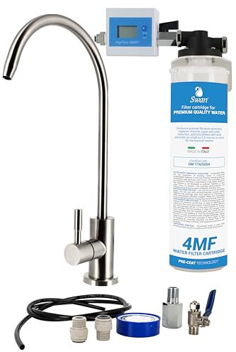 Sistema di Filtrazione Acqua da Sottolavello - Installazione Rapida per Acqua Senza Calcare, Cloro e Sedimenti - Filtro 4MF - Testa QL1 - Rubinetto 1 Via - Conta Litri - Tubi e Raccordi