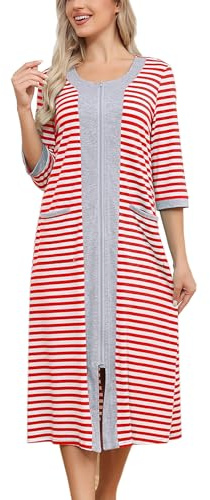 Citridarll Women Robes Zipper Front Bathrobe 3/4 Sleeve House Coat Long Nightgown With Pockets Soft Loungewear