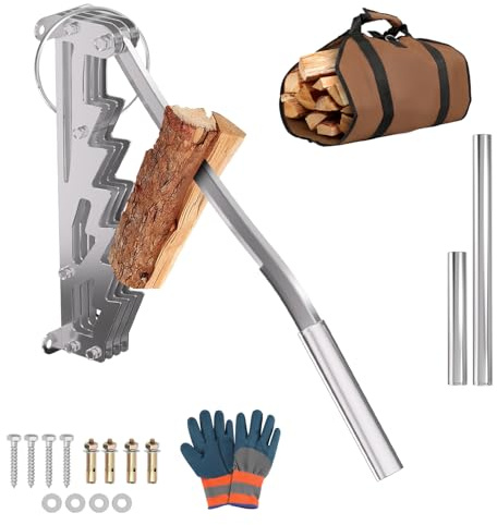 Monucep Holzspalter Manuell，Manueller Holzspalter mit langen Handgriff，Tragbarer Brennholzspalter für Weichhölzern ，Handholzspalter mit Brennholzsack，Spalter Holz für Indoor & Outdoor，Silber