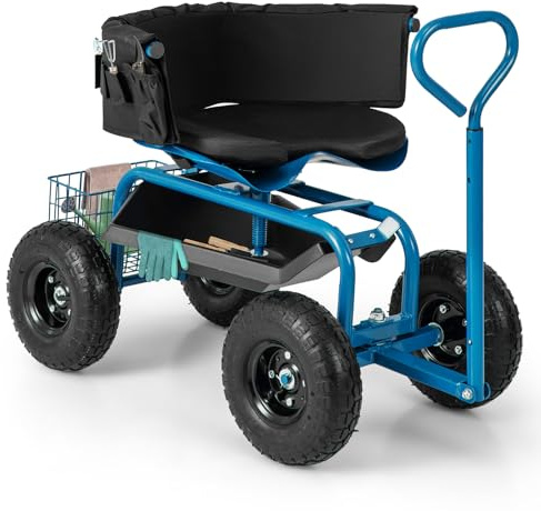 COSTWAY Rolling Garden Cart, Height Adjustable Swivel Gardening Stool Trolley with Tool Tray & Basket, Gardener Planting Workseat Scooterfor Patio Lawn Yard (90x61x60-70cm,with Handle&Cushion,Blue)