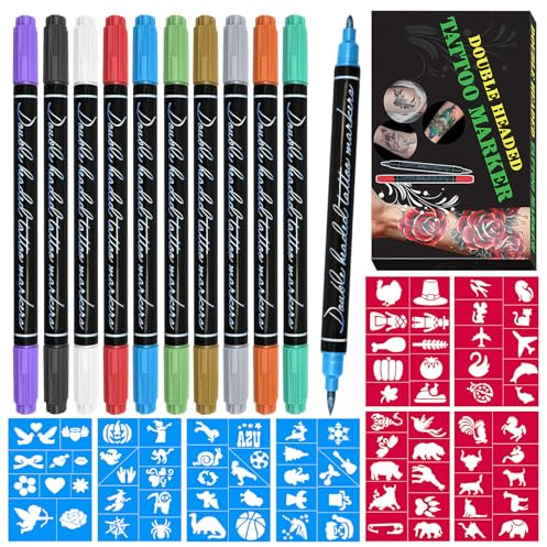 RAZET 10 Tattoo Stifte Kinder Hautfreundlich, 80 Glitzer Tattoo Schablonen | Temporäre Glitzertattoos Kinder Tattoostifte für Kinder Mädchen Erwachsene Geburtstage Party Karneval Halloween, Schminke