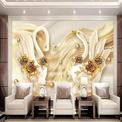 XLMING Luxuriös Juwelen Gold Rosen Schwäne Schmetterlinge 3D Tapete Premium Strukturierte Seide Speisesaal Arbeitszimmer Wohnzimmer Schlafzimmer Sofa TV Wand-150cm×105cm